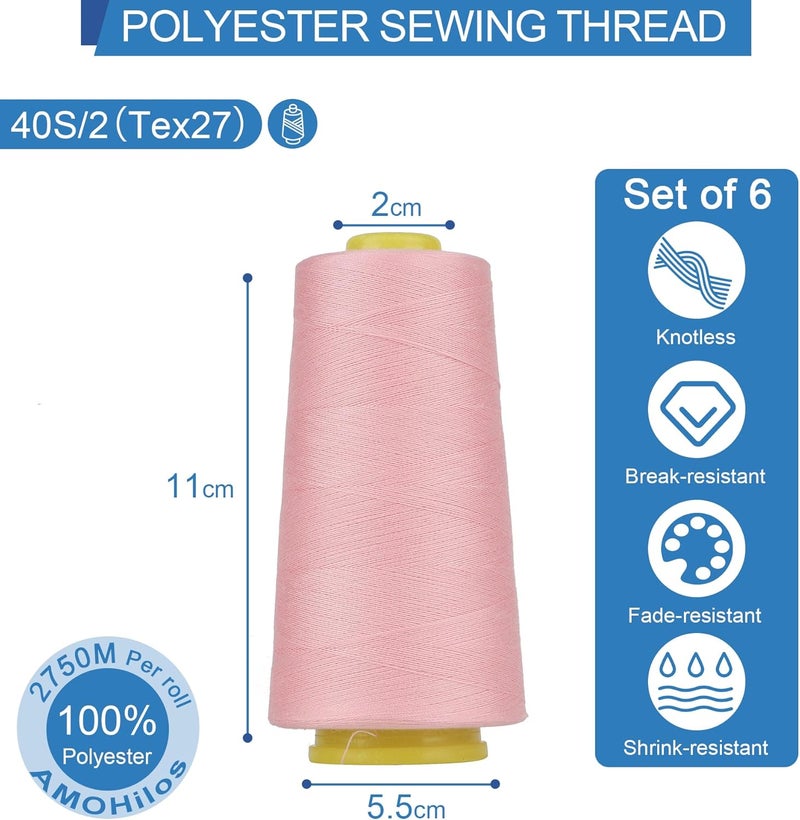 AMOHilos Polyester Sewing Thread All Purpose Knotless 40S/2 (Tex27) 6 Cones of 2750 Yards Each Spool Thread Total 16500 Yards for Serger, Sewing Machine (Mauve) - Image 3